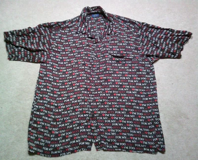 Vintage Mervyns Silk Button Up Shirt Mens Medium Black Im To Sexy AOP 90s - Image 1 of 4