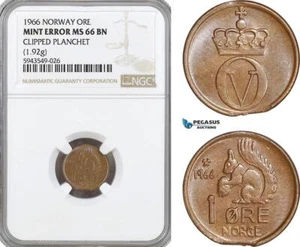 AG602, Norway, Olav V, 1 Ore 1966, Mint Error Clipped Planchet 1.92g, NGC MS66BN - Picture 1 of 1
