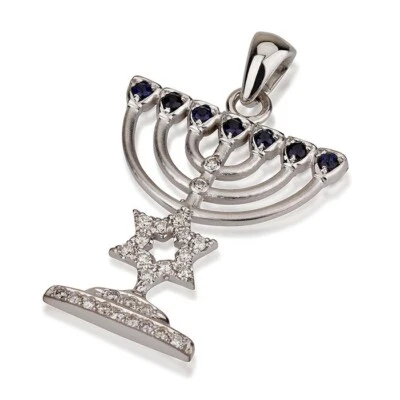 Colgante judío Menorá de diamantes en oro blanco de 18 quilates zafiros azules joyería sólida Foto 1 de 4