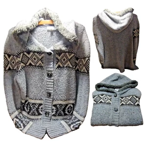 Button Up Cardigan Sweater St. John’s Bay Multicolor aztec Faux Fur Trim Hood - Picture 1 of 11