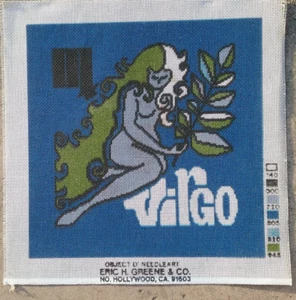 "VIRGO" Zodiac painted needlepoint canvas 15" square finished from 1970'S NEW - Picture 1 of 1
