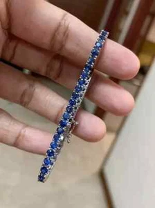 14K White Gold Plated Lab-Created 10Ct Round 4mm Blue Sapphire Tennis Bracelet - Picture 1 of 5