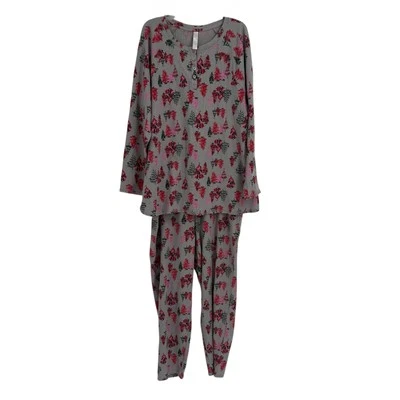 CACIQUE Size 14 /16 Holiday Christmas 2PC Pajama PJ Set Thermal Gray Xmas Trees - Image 1 of 4