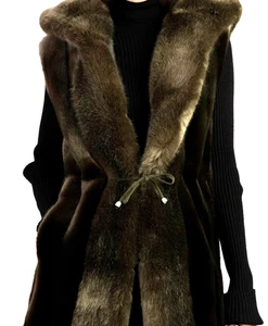 FAZ Not Fur Olive Green Brown Faux Fur Cinched Waist Long Vest w/ Hood USA M - Picture 1 of 23