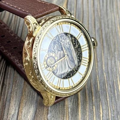 Reloj Matrimonio - Movimiento Suizo Vintage 49mm, Grabado a Mano Personalizado Esfera Dorada Perro Foto 1 de 4