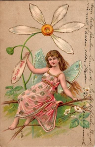 AK JUGENDSTIL MÄDCHEN MIT FLÜGEL UND BLUME PRÄGEDRUCK COL. 1905 - Bild 1 von 2