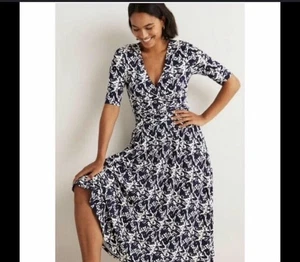 Boden Damen 10 Marineblau Weiß Blumen Stretch Jersey Midikleid Cinched Waist - Bild 1 von 12