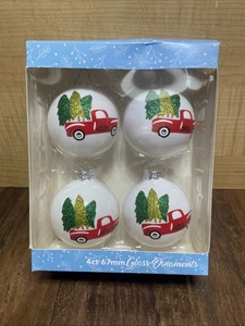 Alte Zeit Keramik 4er Set alter roter LKW mit Christbaumschmuck 0,67 mm - Bild 1 von 4
