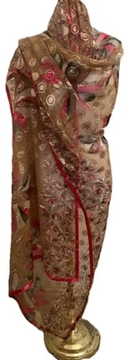 女士米色沙质灰褐色花卉数码印花裹巾 Stole dupatta 头巾 — 第 1/4 张图片