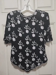 Top de noche grande Laurence Kazar New York de colección negro plateado blanco lentejuelas con cuentas - Imagen 1 de 6