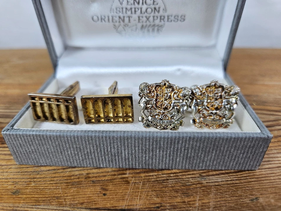 JUEGO DE GEMELOS PULLMAN 925 CON FORMA DE ESCUDO Y CARRO ESTERLINA Y CAJA VSOE ORIENT EXPRESS Foto 1 de 4