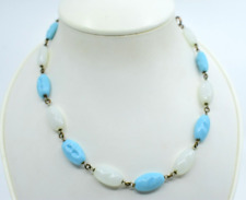 Vintage Blue and White Dimpled Glass Beaded Necklace Art Glass Pinched Beads
