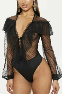 Body Pretty Little Thing Negro con Volantes - Dobbie Malla y Volantes Reino Unido S 8 - EE. UU. 4 - Imagen 1 de 8