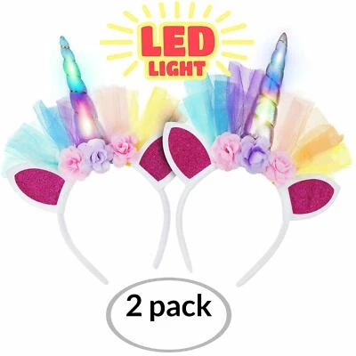 LED Unicorn Headband Decorative Floral Headpiece Flashing Glow In The Dark 2PC - Image 1 of 4