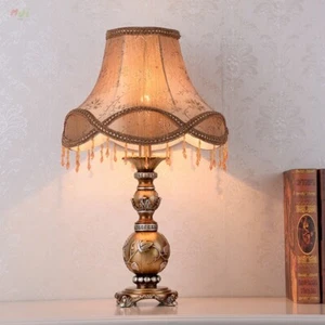 Pastoral style Brown Table Lamp LED Embroidered Fabric Shade Bedroom Desk Lights - Picture 1 of 5