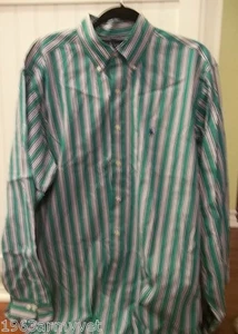 Men's Ralph Lauren Polo Classic Fit Large or 16 1/2 Green/Blue Stripe L/S Shirt - Picture 1 of 3