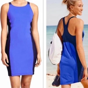 Athleta Color Block Racerback Swim Tank Dress Sz M Blue Athleisure Beach Active - Picture 1 of 9