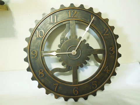 Large Quartz Gear Wall Clock 17" Diameter Industrial Style Bronze Color Plastic Cover