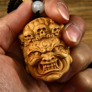 1.8" Hand Carved Boxwood Netsuke Handicraft car key pendant : Buddha Fudo King - Picture 1 of 5