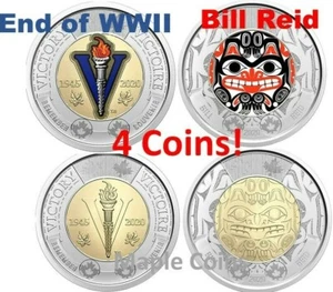 NEW! 4 coins: 2020 BILL REID + End of WWII - Color + NO Color Canada Toonies $2 - Picture 1 of 4
