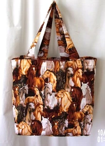 Handmade Foldable Cotton Tote Bag Lined Pocket Key Clip Beautiful Horses - Picture 1 of 8