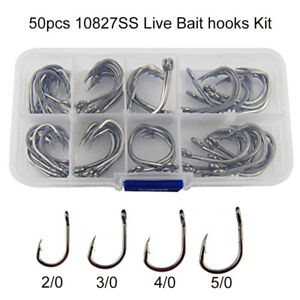 50pcs 10827 Live Bait Circle Fishing Hooks Kit 2X Strong Stainless Steel Hooks