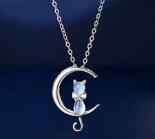 Women Moonstone Cat Pendant Chain Necklace 925 Sterling Silver Jewellery Gift UK