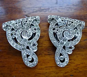 PAIR antique art deco clear rhinestone geometric spiral dress clip brooch -517 - Picture 1 of 3
