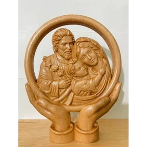 Jesus Family Wooden Carving Picture, Religious Statue Christmas Wall Table Decor - Picture 1 of 3
