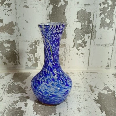 Vintage Cobalt Blue Murano Style Blown Glass Vase Long Neck 5.5" W/ Streak Paint - Image 1 of 4