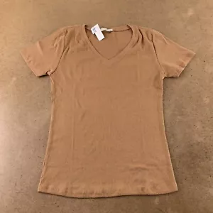 Active Basic Juniors Size Large Camel Brown Ribbed Short Sleeve V Neck Tee NWT - Picture 1 of 4