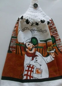 WHITE Yarn Crochet Top CHEF PASTA & MEATBALLS Print Cotton Kitchen Towel - Picture 1 of 1
