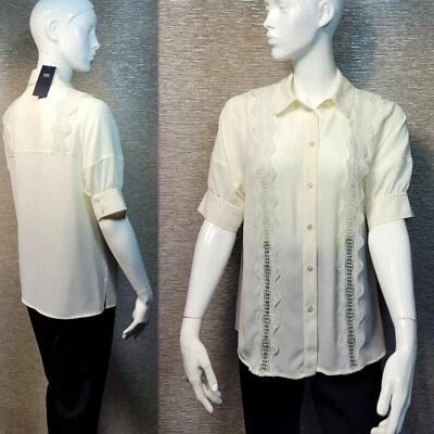 M&S Silky LACE trimmed SHORT SLEEVE Collared BLOUSE / SHIRT ~ Size 16 ~ IVORY - Image 1 of 4