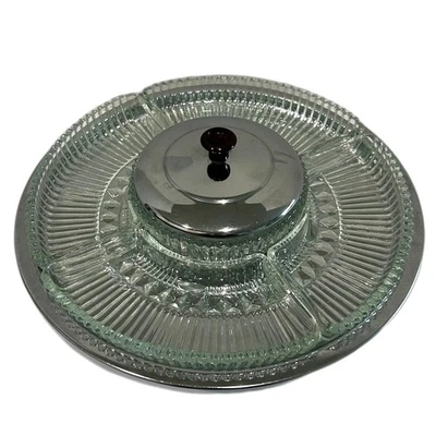 Vintage Kromex Lazy Susan Revolving Serving Platter Glass Inserts Chrome Base - Image 1 of 4