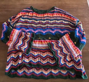 Womens Crochet Handmade Blouse Open Knit Oversized Long Sleeve Colorful Sweater - Picture 1 of 8