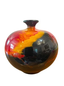 Stunning Japanese Studio Handcrafted Art Pottery Vase Flambé Red Black Yellow 5” - Picture 1 of 10