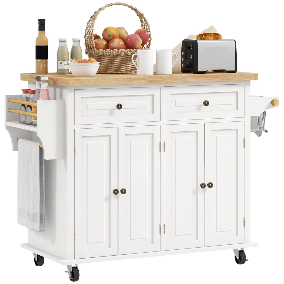 HOMCOM Rolling Kitchen Island Cart with Rubber Wood Top Spices Cream White