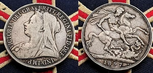1897 Solid Silver Antique Queen Victoria Crown Coin Juventus Vintage Old London - Picture 1 of 5