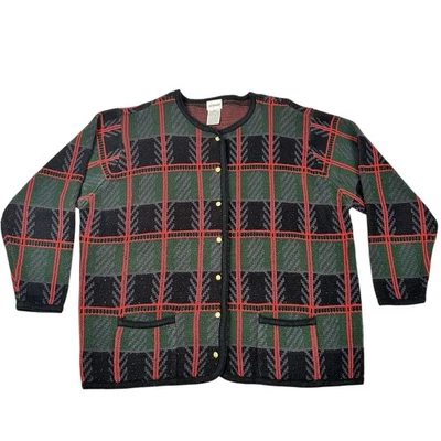 Cárdigan tejido vintage Liz Baker tartán a cuadros suéter para mujer 2XL Navidad Foto 1 de 4