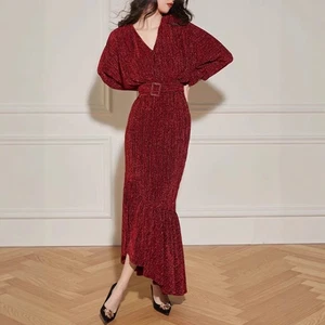 Abito lungo maniche lunghe temperamento scollo a V festa elegante velluto retrò donna nuovo - Foto 1 di 12