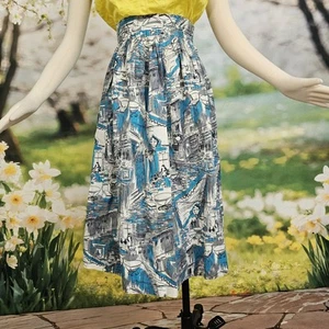 Vintage 40er Jahre Rock Plissee blau weiß Midi Town Szene Print Pinup Rockabilly - Bild 1 von 14