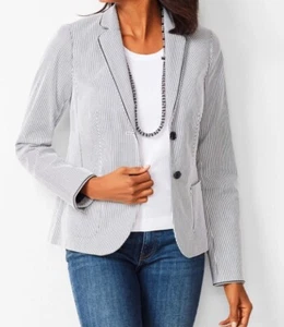 TALBOTS Aberdeen Blazer Sz 22W Piped White Navy Stripes Nautical Jacket Preppy - Picture 1 of 23