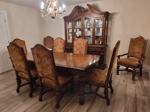 Oak dining room set with 8 upholstered chairs and Lighted China cabinet - Picture 1 of 5