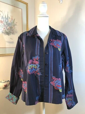 Hearts Of Palm Womens Floral Jacket Blazer Size 14 Decorative Embroidered Navy  - Image 1 of 4