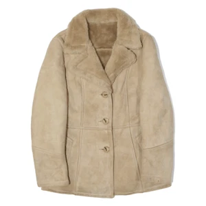 Faux Fur Lined Overcoat Leather Jacket Beige Suede Womens S - Picture 1 of 6