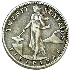 1944-D Philipines Twenty Centavos Silver Spanish Coin TONED EF- AU .0965 - Picture 1 of 3