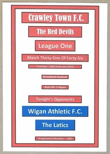 CRAWLEY TOWN v WIGAN ATHLETIC 18.02.25 LEAGUE ONE PROGRAMME - Picture 1 of 3