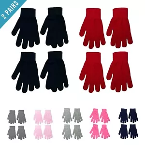 Boys Girls Gloves 2 Pairs Winter Warm Magic Gloves Stretch Unisex Teen School - Picture 1 of 11