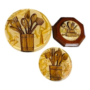 Vtg Lucite Trivets 5"and7.75" & Wall Decor Wood Utensils Retro MCM Cottage Core - Picture 1 of 9