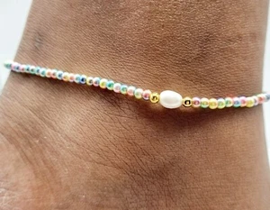 Glass Bead elastic ankle bracelet foot anklet with Freshwater Pearl 25cm - Picture 1 of 1